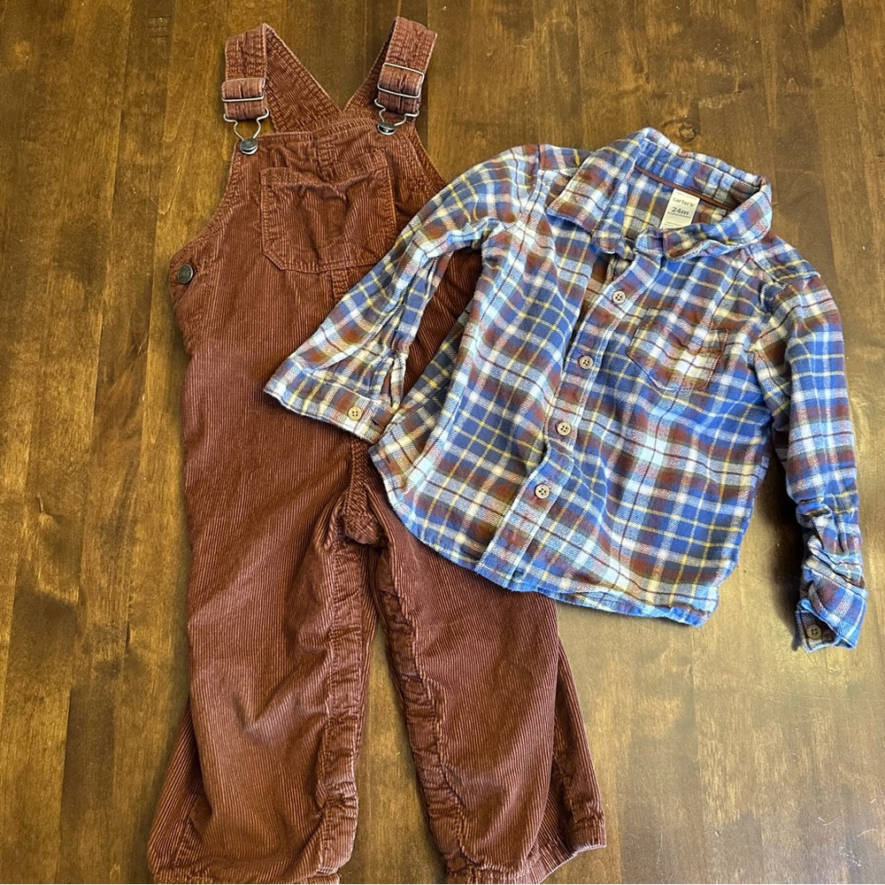 Carters‎ 24 Month Set Plaid Button Down Overalls Fall School Thanksgiving